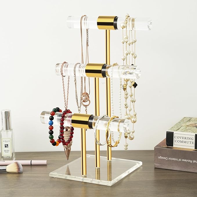 T-Bar Tangle-free Necklace and Jewelry Display Stands, 3-Tier Acrylic Bracelet Holder Stand, Clear Gold Jewelry Organizer with Stainless Rod, Women Vendors Retail Store Counter Bangles Display Stand