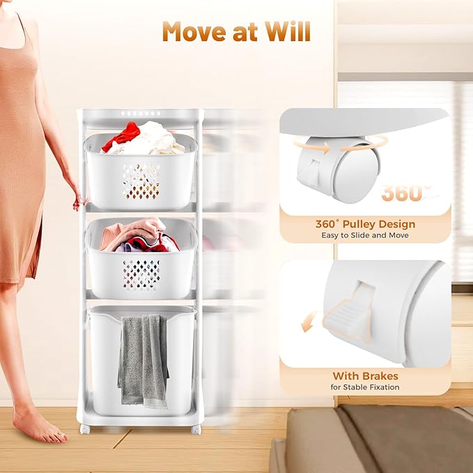 3 Tier stackable Laundry Basket Sorter Portable Rolling Cart Clothes Storage Porous Design With Wheels For Clothes Toiletries Bathrooms Laundry Rooms Bedrooms White
