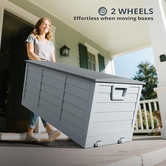 Foldable 75 Gallon Outdoor Storage Box, Plastic Storage Containers with Lid, Patio Deck Box Furniture for Garden, Pool, Balcony, Yard (Gray Lid)