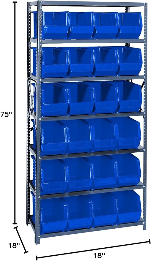 Quantum Storage Systems QSBU-265BL Giant Open Hopper Steel Shelving System, 18" D x 36" W x 75" H, with 7 Shelves and 24 QUS265 Bins, Blue