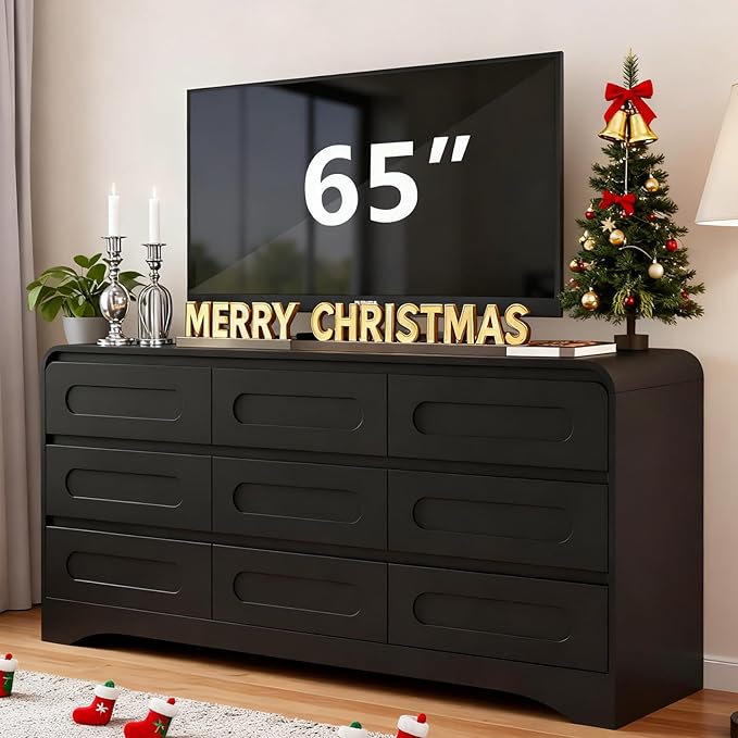 Dresser for Bedroom with 9 Drawers, 63" Large Modern Dressers & Chest of Drawers with Curved Profile Design, Wood Closet Clothes Storage Long Dressers Organizer for Bedroom Living Room Hallway, Black
