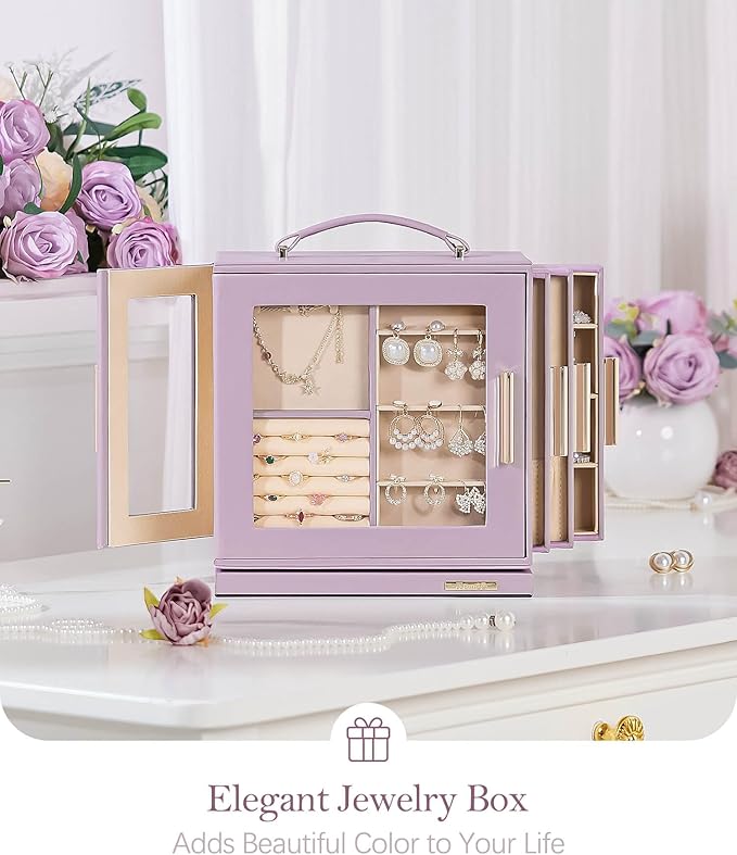 Homde Christmas Gifts Jewelry Box 360° Rotating, Necklace Earring Organizer with Transparent Window, Mirror, 7 Drawers, Large Ring Display Storage Case for Girls Women (Grey Purple)
