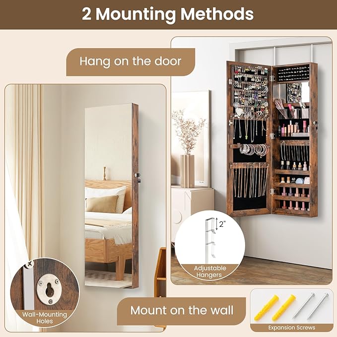 CHARMAID Jewelry Cabinet Wall or Door Mounted, Hanging Lockable Jewelry Armoire Storage with Full Length Mirror, Interior Makeup Mirror, Over the Door Jewelry Organizer Box with Mirror (Rustic Brown)
