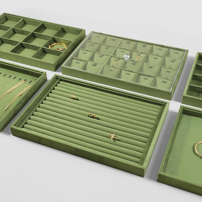 Velvet Jewelry Display Tray For Bracelet Pendant Necklace, Multi-Slot Stackable Storage Tray For Long Chain Jewelries, Drawer Insert Jewelry Organizer (Olive Green)