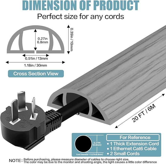 Floor Cord Cover Self Adhesive Cord Hider,20FT Cable Management, Extension Strip Protector for Wires, Prevent Cable Trips for Offices, Gyms, Exhibitions Cavity:0.39"(W) x 0.27"(H) Gray Wood