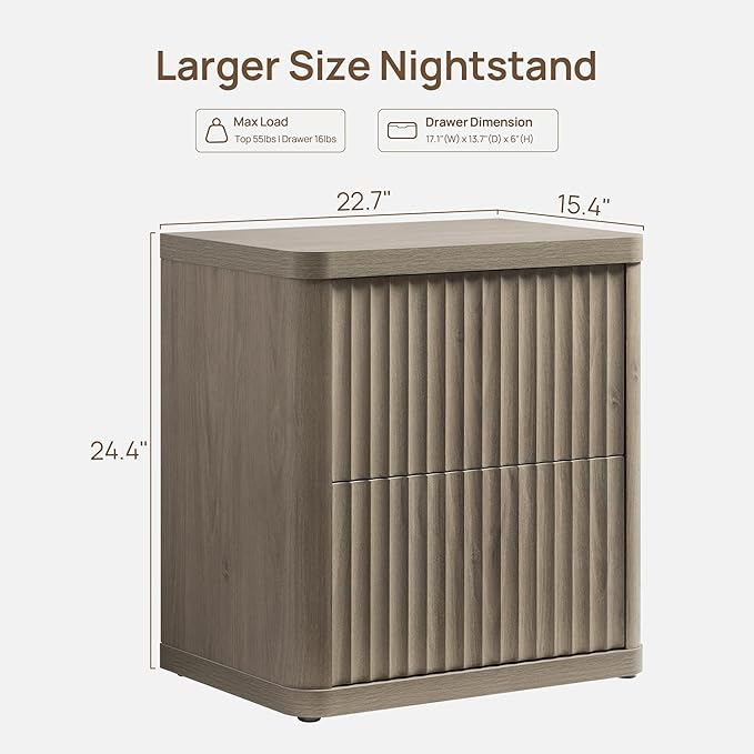 SICOTAS Night Stand Set of 2 Nightstands with 2 Drawers Storage Bedside Table Large Fluted Bed Side End Table Modern 24.4" Tall Wide Night Stands for Bedroom Living Room Sofa Couch Office, Grey Alder