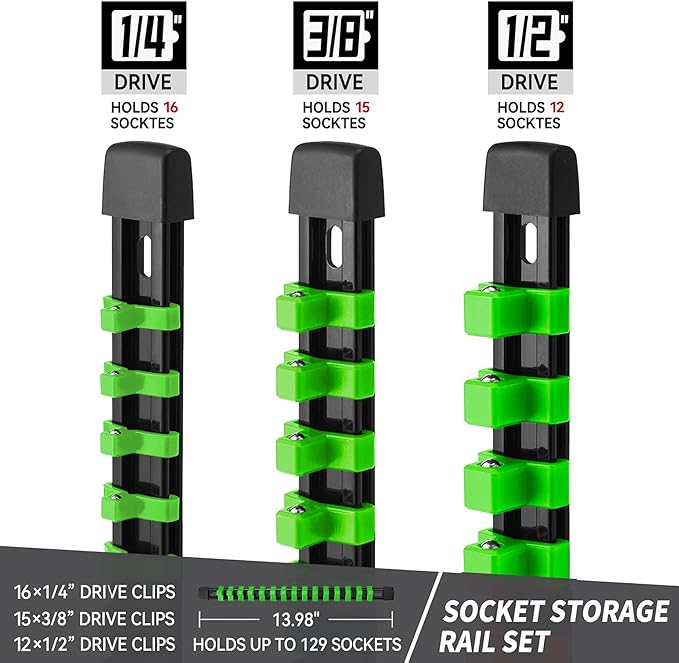 Socket Organizer Drive ABS Tools - Green Socket Holder, Premium Quality 3 Pieces Socket Holders Kit 1/4-Inch x 16 Clips, 3/8-Inch x 15 Clips, 1/2-Inch x 12 Clips(3PC,Green)