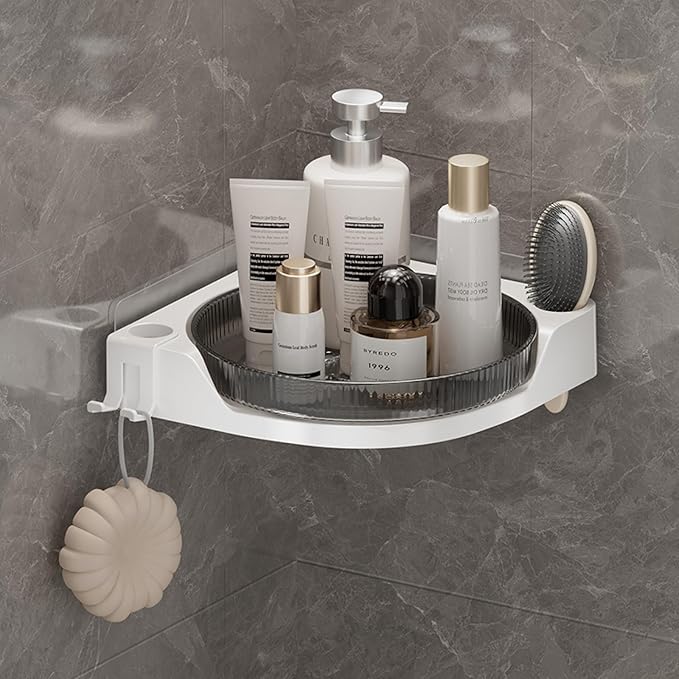 360 Rotating Makeup Organizer Spinning Bathroom Organizer 1 Pack Corner Storage Organizer with Hooks for Perfume Lotion Skincare Organizer Countertop Kitchen Storage(Smoky Grey)