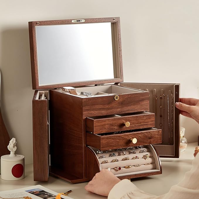 CHOSIN Black Walnut Wooden Jewelry Box, 4-Layer Lockable Organizer with Mirror, Rotatable Ring Holder,Side Doors & Brass Handle, Classical Design for Rings, Necklaces, Earrings, Christmas Gifts