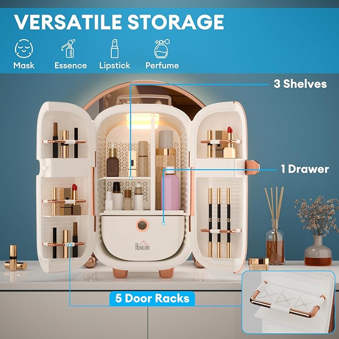 Portable Skincare Fridge, 3 Operating Modes with 360° Cycle Drying Mini Fridge, With 5 Door Racks, Low noice, Ideal for Makeup, Cosmetic Beauty, Skin Care