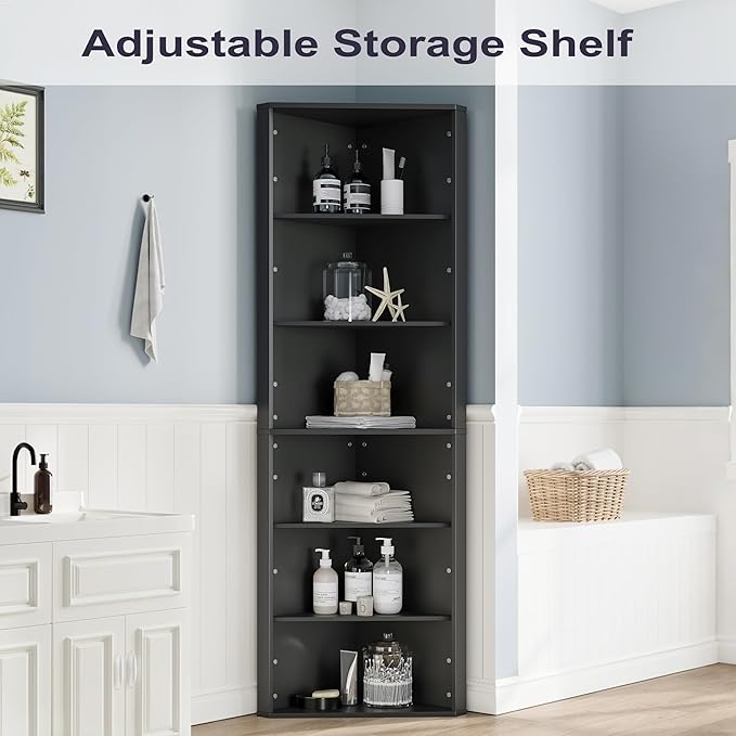 6 Tier Corner Shelf with Adjustable Shelf, 68" Tall Corner Bookshelf Bookcase, Freestanding Corner Display Storage Shelf for Living Room, Office, Kitchen, Bath Room,Small Space, Black