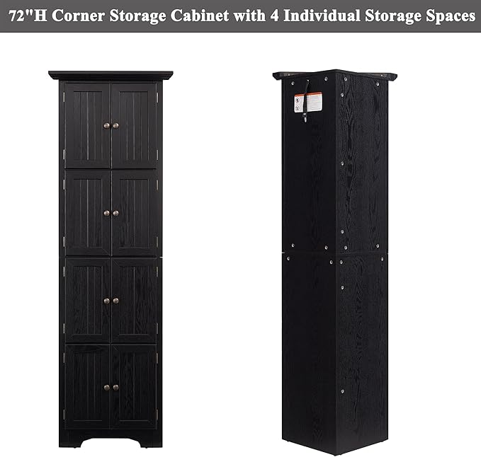 72" H Farmhouse Corner Storage Cabinet with 8 Doors & 4 Shelves, 4 Tier Kitchen Corner Pantry Cabinet Wooden Organizer Case Bookshelf, Home Space Saver Cabinet for Kitchen,Living Room(Black)
