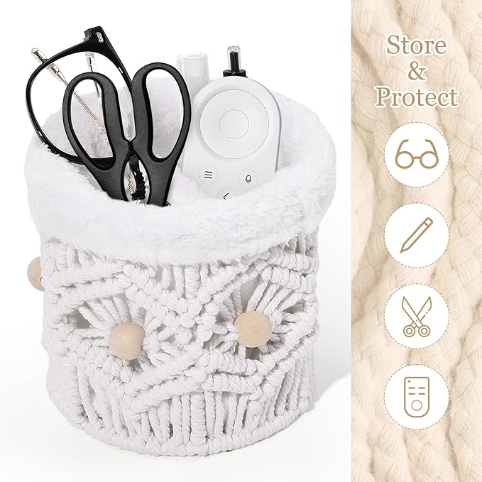 SNOWSTAR Plush Lined Eyeglasses Holder Stand for Nightstand,Boho Protective Eyeglass Holder with Wood Beads and 2 Compartments,Glasses Storage Organizer for Table,Desk,Nightstand,Office