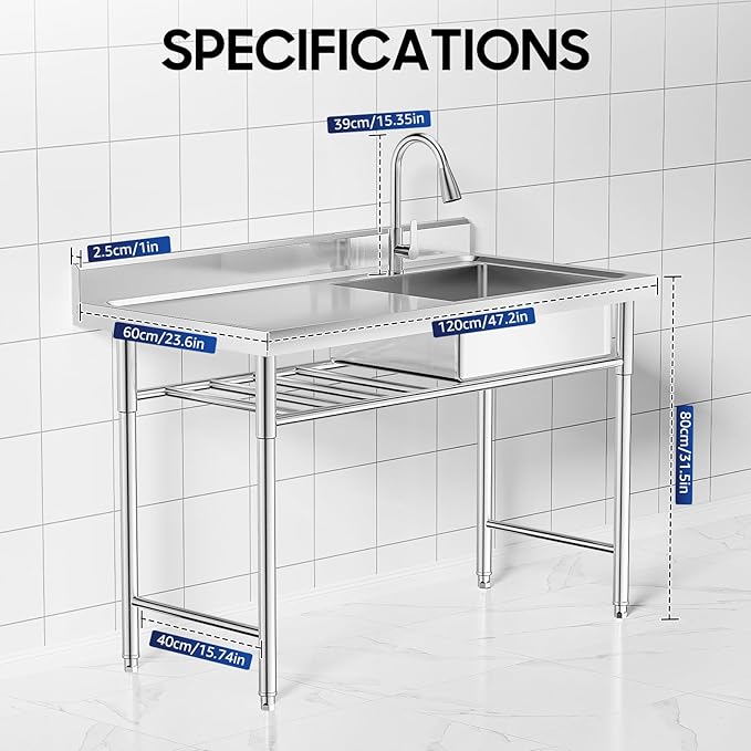 Freestanding Commercial Utility Sink, 47.2 * 23.6 * 31.5in Industrial Kitchen Sink Unit with Faucet, 2-Tier Storage Shelf, Outdoor Freestanding Single Bowl Sink for Garage, Restaurant