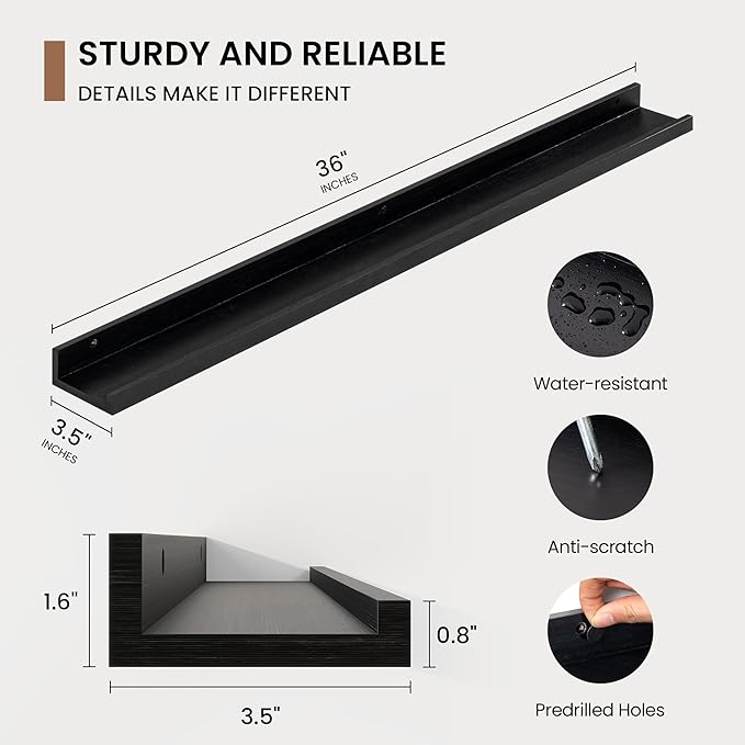 Picture Ledge Shelf, Floating Shelves Set of 2, 36 Inches Solid Wood Nursery Book Shelves for Toys Storage, Kids Bookshelf Wall Mounted for Living Room Bedroom Decor Books Photo Frames, Black