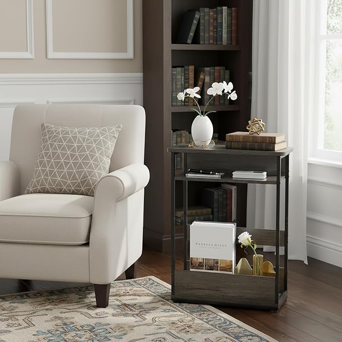 Vintage Narrow Side Table with Storage Shelf, 3 Tier Slim End Table Modern Sofa Table for Narrow and Small Spaces, 24.6 Inch Height Bedside Table Nightstand (Grey, Large)