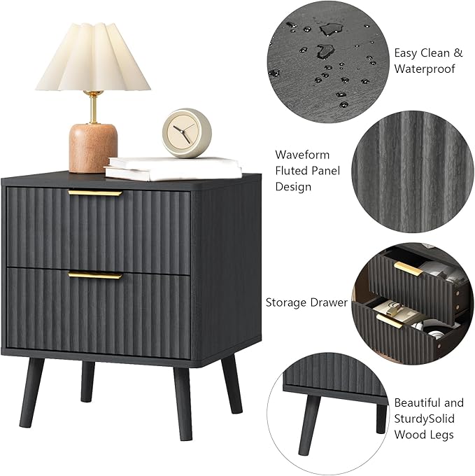 CARPETNAL Fluted Nightstand, Black Bedside Table with 2 Drawers and Gold Handles, Wood End Table Mid Century Night Stands for Bedroom Living Room