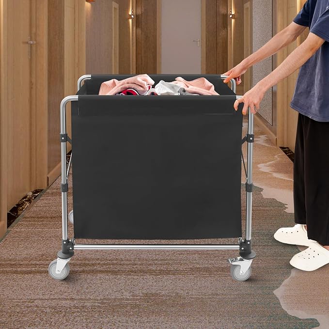 Commercial Laundry Cart with Wheels,Folding Laundry Hamper Cart,Heavy Duty Rolling Laundry Basket with Large Capacity,Laundry Sorter Trolley for Home Hotel Apartment (Black, 34.25 * 19.7 * 36.22in)