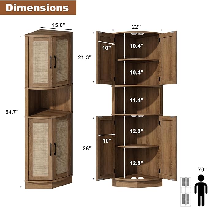 Tall Corner Cabinet, 64.7" Rattan Corner Storage Cabinet with 4 Doors and 5 Storage Shelves, Farmhouse Space Saver, Boho Shelf for Living Room, Kitchen, Bathroom, Office