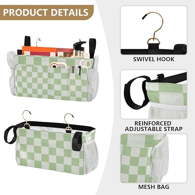 Checkered Mint Green and White Bedside Caddy for Dorm Bed Bedside Hanging Caddy Bag Iron Frame Storage Organizer Pocket for Bunk Home College Hospital Beds 2 Hooks