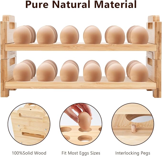 2-Tier Wooden Egg Holder - Egg Basket For Gathering Fresh Eggs, Layer Egg Tray Holder Countertop For 18 Eggs,Tier Egg Organizer For Farmhouse Kitchen Refrigerator Fits Duck, Turkey, Chicken Eggs