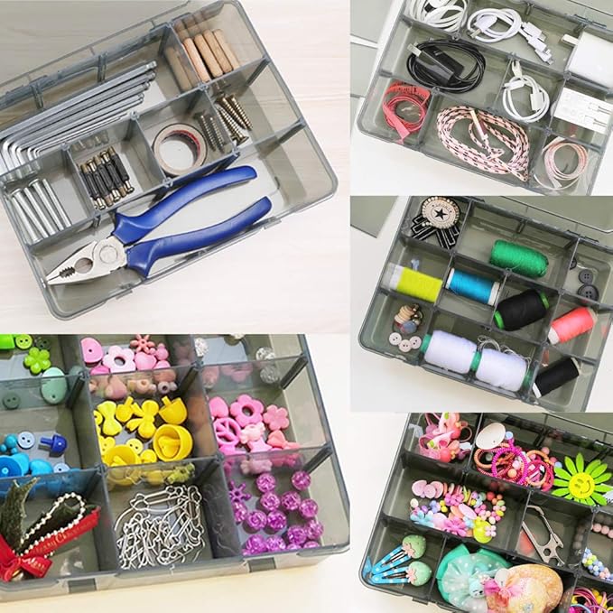 2 Pack Plastic Storage Organizer Box, Storage Container, Jewelry Organizer, Parts Storage Box with Dividers for Crafts, Beads, Buttons, Ornaments, Metal Parts, and More (12 Grids 2 Pack)