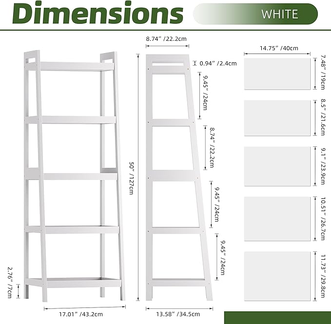 Bookshelf, 5 Tier Ladder Bookcase with Bamboo Frame, Freestanding Tall Narrow Display Plant Shelf for Living Room, Kitchen, Bedroom, Balcony, White