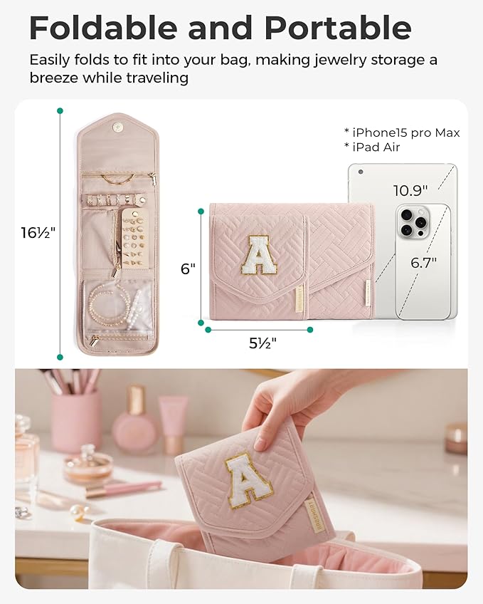 BAGSMART Travel Jewelry Organizer Case E Initial Foldable Jewelry Roll for Journey Rings, Necklaces, Earrings, Bracelets,Mini,Letter E,Soft Pink