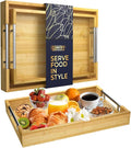Decorative Bamboo Serving Trays with Silver Stainless Steel Handles – 2-Piece Set for Coffee Table, Ottoman, Breakfast in Bed, Jewelry & Decor Organization – 12"x17" – Pure Bamboo Finish