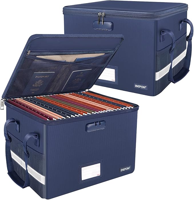 ENGPOW File Box with Lock, Fireproof Document Box with Pockets, Collapsible File Organizer Filing Storage Cabinet with Handle, Portable Home Office Safe for Hanging Letter/Legal Folders, Blue, 2 Pack