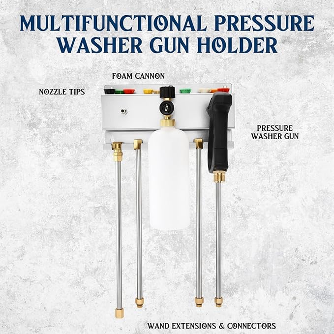 Pressure Washer Gun Holder, Wall Mount Foam Cannon Holder, Car Wash Accessories Organizer for Wand/Nozzle Tips, 1/4'' Pressure Washer Accessories Storage Rack (Silver)