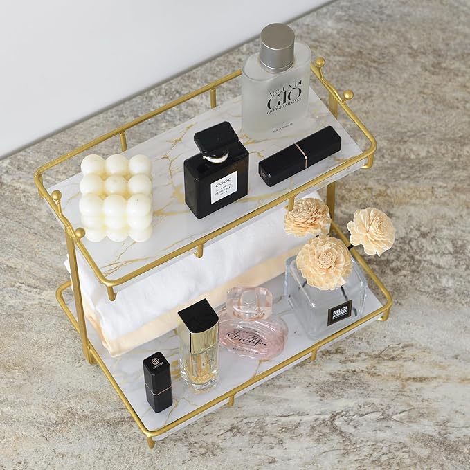 Bathroom Counter Organizer Makeup Organizer 2 Tier Vanity Tray Dresser Stainless Steel Gold Shelf