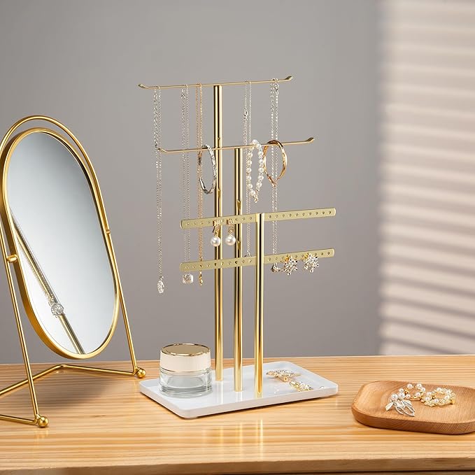 pickpiff Jewelry Stand Organizer Necklace Holder- 14.5" Sturdy Earring and Bracelet Display Hanger, Mirrored Gold, Aesthetic Room Decor