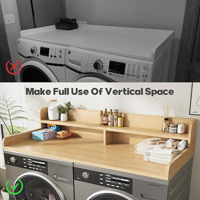 2-Tier Washer and Dryer Countertop,2.75" H Guard,58" W x 28" D Laundry Countertop Cover with Non-Slip Pad,Large Space Laundry Topper for Folding Clothes Over Washer and Dryer-Pure Wood Color
