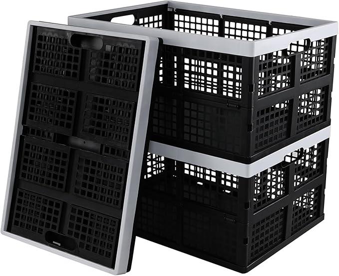 3-Pack Large Plastic Folding Storage Crates, 66 L Collapsible Storage Crates, Black