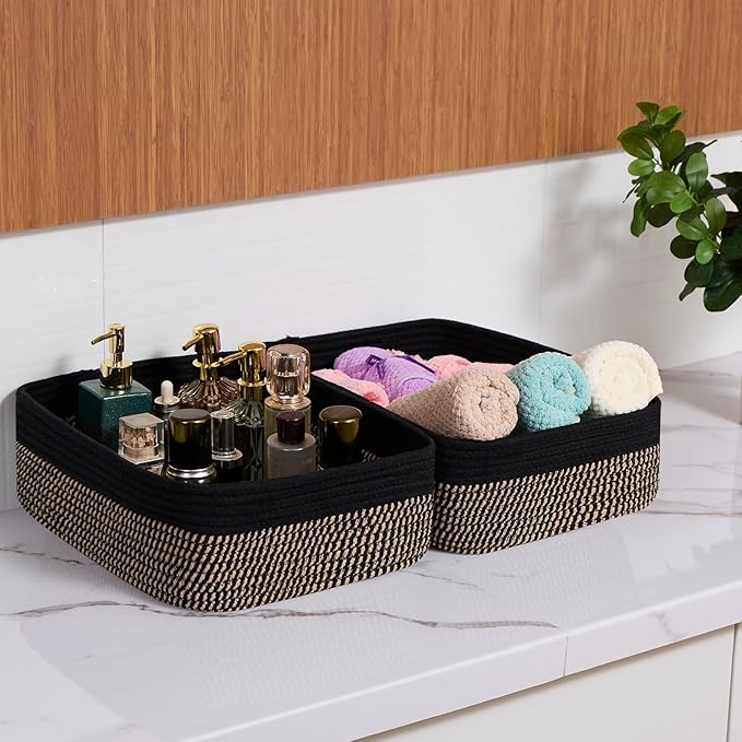 Large Shallow Organizing Baskets 15x11x5.1 Inches - Rope Woven Storage Bins for Bathroom, Shelves, Cube Closet, Black Woven Brown 3 Packs
