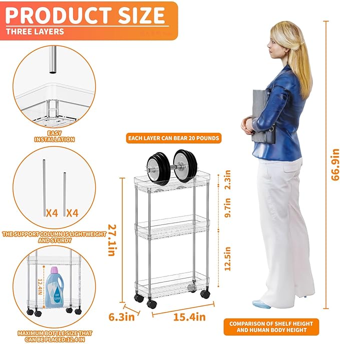 Yieach Clear 3 Tier Slim Rolling Storage Cart with Wheels,6.3″W Thin Shelf,Bathroom Storage Cabinet,Skinny Laundry Cart,Narrow Laundry Room Cart Between Washer and Dryer,Skinny Shelves for Small Space