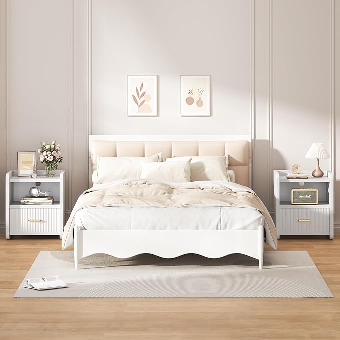 Night Stand with Charger Station, Fluted Wood Nightstand with Drawer Storage, Modern Bedside Table, Wide Nightstands for Bedroom, Mid Century Wooden Night Stands for Home Office Sofa Couch