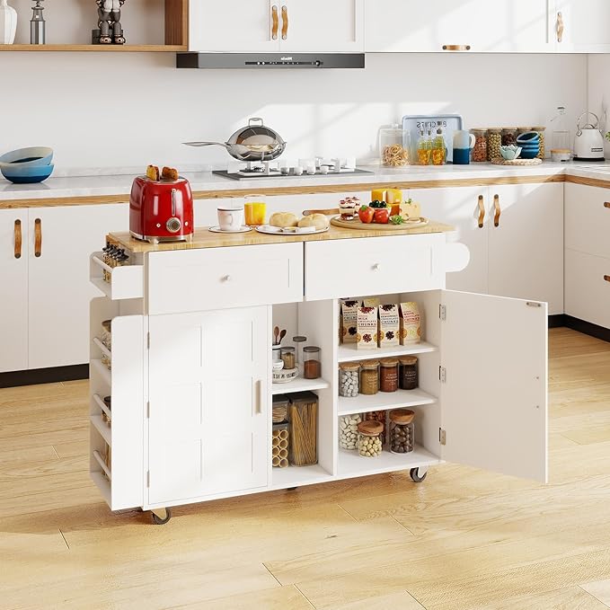 YOURLITE Kitchen Islands with Wheels, 45" Kitchen Island with Drop Leaf, Home Bar Table with Spice Rack & with Trash Cabinet, Rolling Island Table for Dining Room with Power Outlet, White