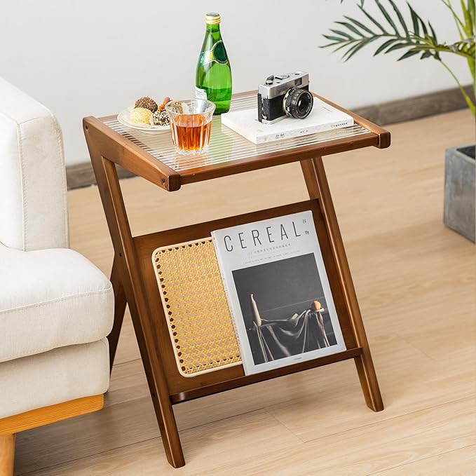 Giantex Rattan Side Table, Boho Nightstand with Glass Top & Magazine Rack, End Table with Storage, Bamboo Bedside Table for Small Space Living Room Bedroom (1, Walnut)