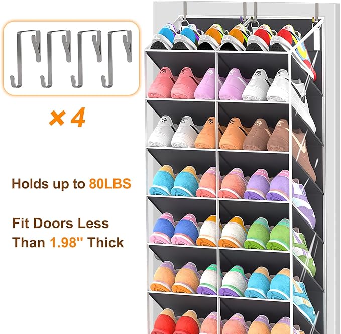 30 Pairs Over the Door Shoe Organizer, Clear Pockets Hanging Shoe Storage for Closet, 10-Tier Door Shoes Rack Storage Fit All the Family's Sneakers, Boots, Heels, Dark Grey