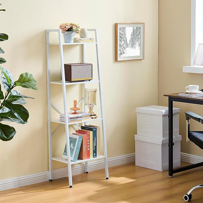 Hoctieon 4-Tier Industrial Ladder Bookshelf, Narrow Ladder Shelf, Tall Standing Bookshelf, Skinny Open Ladder Shelf, for Living Room, Home Office, Kitchen, Bedroom, Metal Frame, White