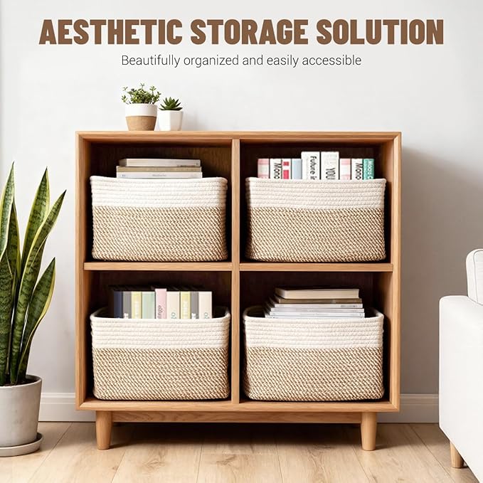 5 Pack Woven Storage Baskets for Shelves, Decorative Basket Organizer Storage Bins for Toys, Books, Clothes, Closet, Nursery, Bathroom – Cotton Rope Shelf Baskets for Organizing, Khaki & White