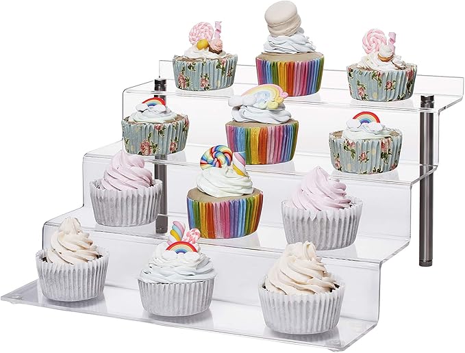 Acrylic Riser Shelf 4 Tier Clear Display Stand for Collectibles Pop Figures, Cupcakes, Perfumes, Display Risers for Decorating & Organizing - 11.8 x 10.8 x 6.5 in (Large, 1 Pack)