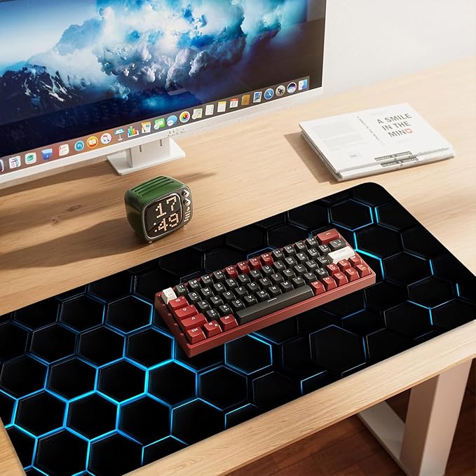 Gaming Mouse Pad – Large Extended Desk Mat35.43 x 15.75 in – Futuristic Black Honeycomb Design with Blue Glow, Non-Slip Base, Waterproof Surface, Keyboard & Mouse Pad for Gaming or Office