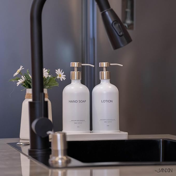 Glass Kitchen Soap Dispenser Set with Ceramic Tray,16.9 floz Hand and Dish Soap Dispenser for Kitchen and Bathroom Decor (White + Silver(Lotion))