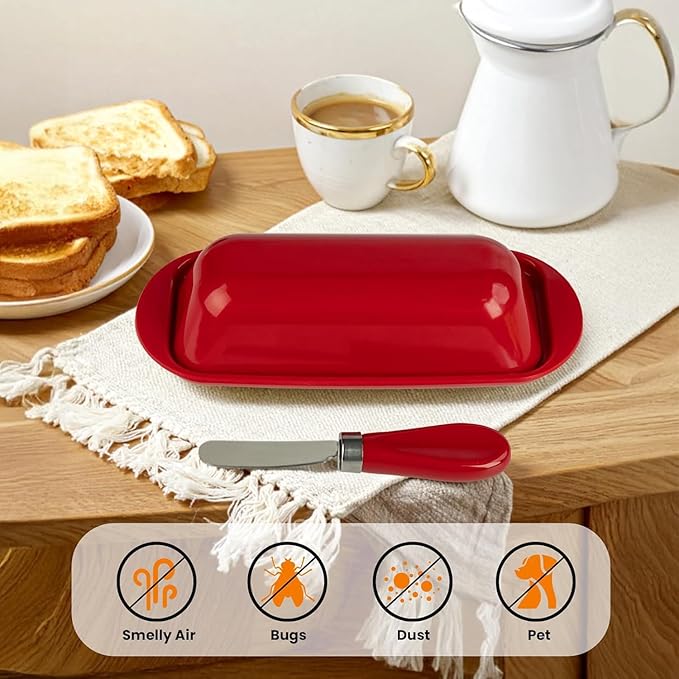 Butter Dish with Lid and Knife, Durable Countertop & Fridge Butter Keeper, BPA-Free Melamine Butter Container, Dishwasher Safe, Fits East/West Coast Butter Sticks (Red)