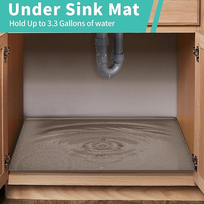 Under Sink Mat for Kitchen, Silicone Waterproof Liner, Flexible Organizer Tray with Drain Hole, 3.7 Gallons Capacity, Easy to Clean