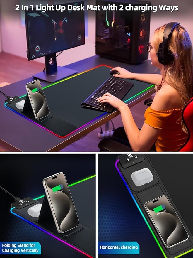 XXL Mouse Pad with Phone Holder, RGB Desk Mat with 15W Fast Charging, LED Large Gaming Mouse Pad with 11 Lights Colors, Long Mouse Pads, Waterproof Non-Slip Desk Pad for Gamer Esports Pros