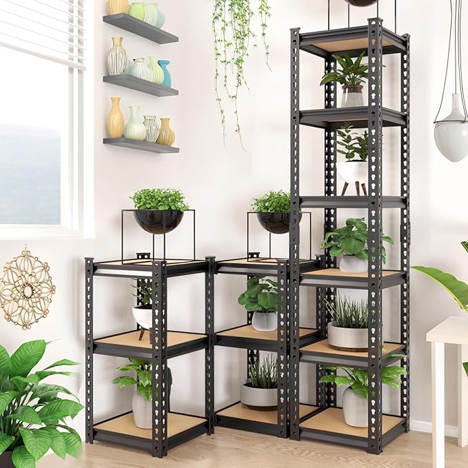 Karl home 6-Tier Metal Shelving Unit, Heavy Duty Shelf Organizer & Storage Rack,Adjustable Height Storage Shelve, Black Metal & Natural Wood Display Shelf for Garage, Kitchen, Pantry
